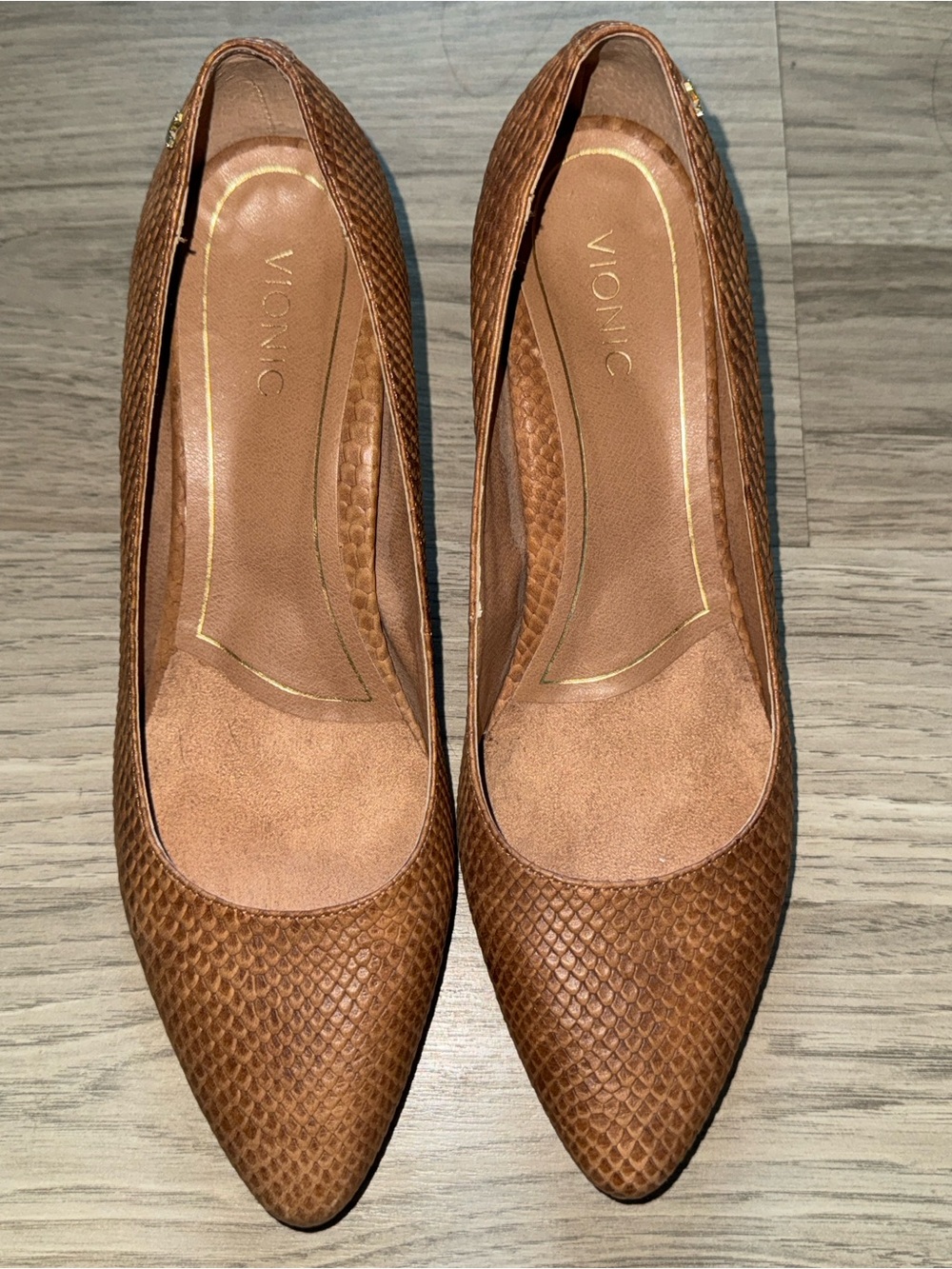 Vionic Madison Mia Brown Snakeskin Embossed Pointed Toe Heels Pumps- Size 8.5